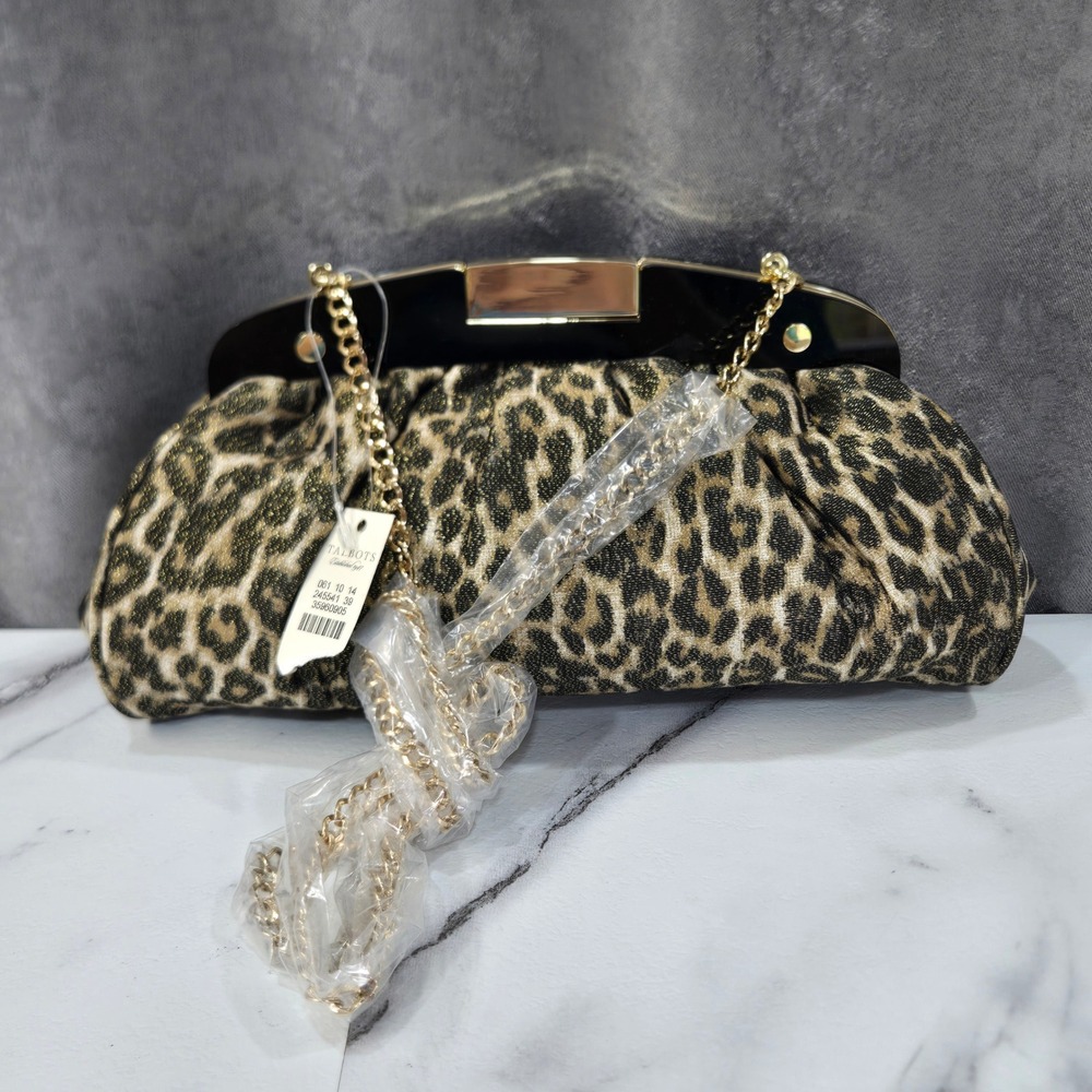NWT Talbots Leopard Print Metallic Silk Blend Clutch Bag Gold Chain Cocktail